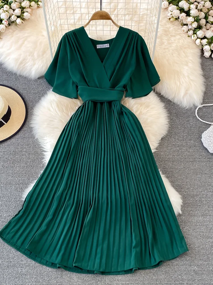 Summer Vintage Women's Dress Elegant Green/Red/Purple/Yellow V-Neck Pleated Midi Dress Casual Female Clothes New Fashion