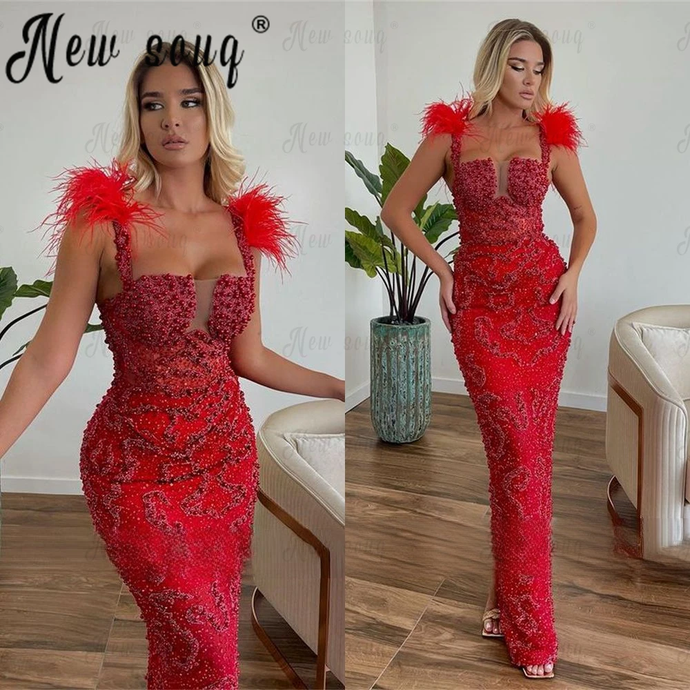 New Luxury Red Beading  Evening Dresses 2023 Dubai Mermaid Elegant Sleeveless Formal Party Wear Gown Design Feathers Custom Made