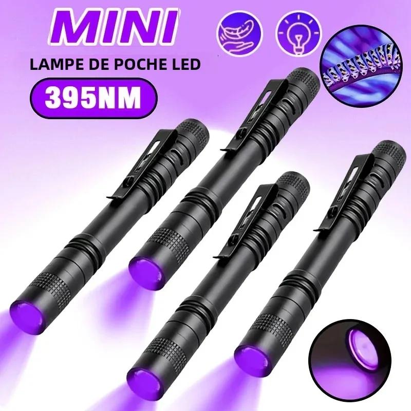 Lampe torche UV 395nm, lumière ultraviolette, détecteur d'urine de chien et de chat, détecteur de scorpions, lampe UV portable avec clip pour stylo, fonctionne avec des piles AAA