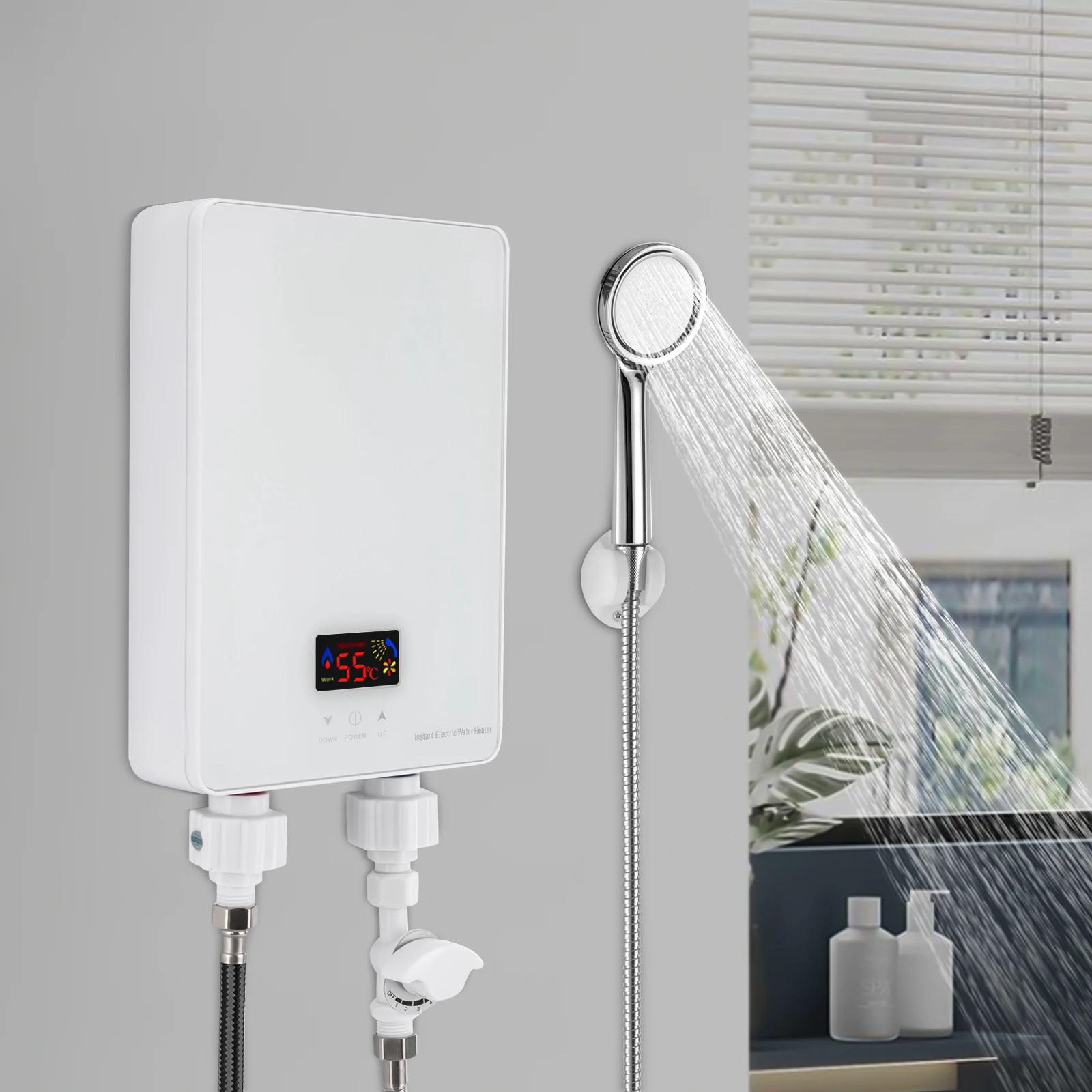 Chauffe-eau instantané 6Kw, en acier inoxydable blanc, commande tactile verticale avec robinet rotatif