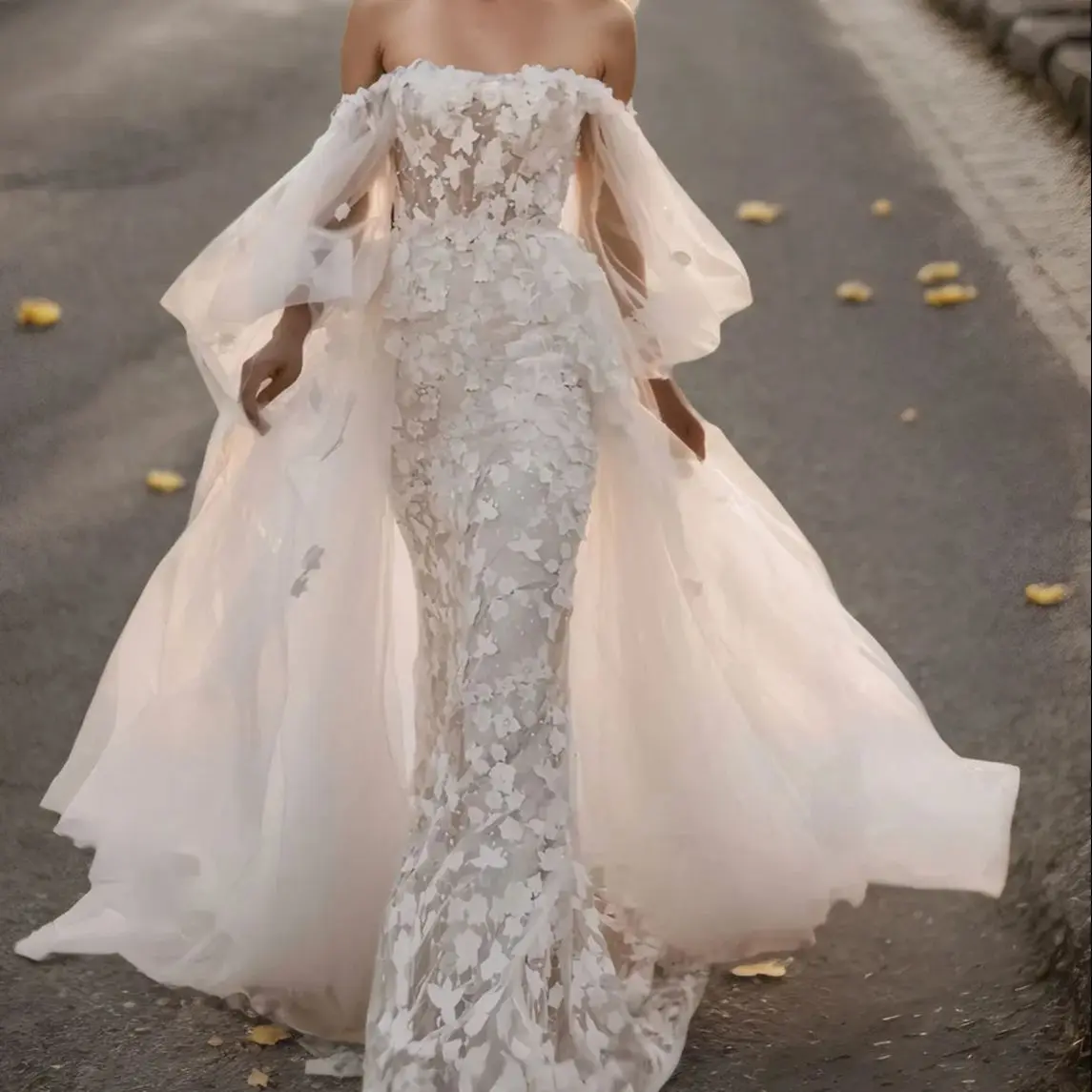 

Elegant Mermaid Wedding Dress Long Sleeves Tulle Appliques Court Train Off Shoulder Reception Bridal Gown 2025 free customized