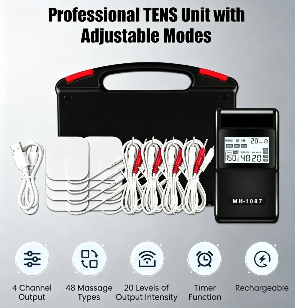 

Rechargeable TENS EMS Muscle Stimulator Machine 4 Output Channel 48 Massage Modes Electric Pulse Physiotherapy Device