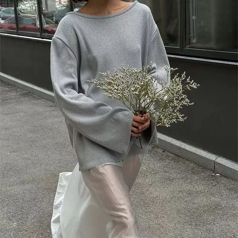 

Осень-зима, новый однотонный свободный свитер, женский простой ажурный джемпер для отдыха, вязаные пуловеры с открытой спиной и длинными рукавами