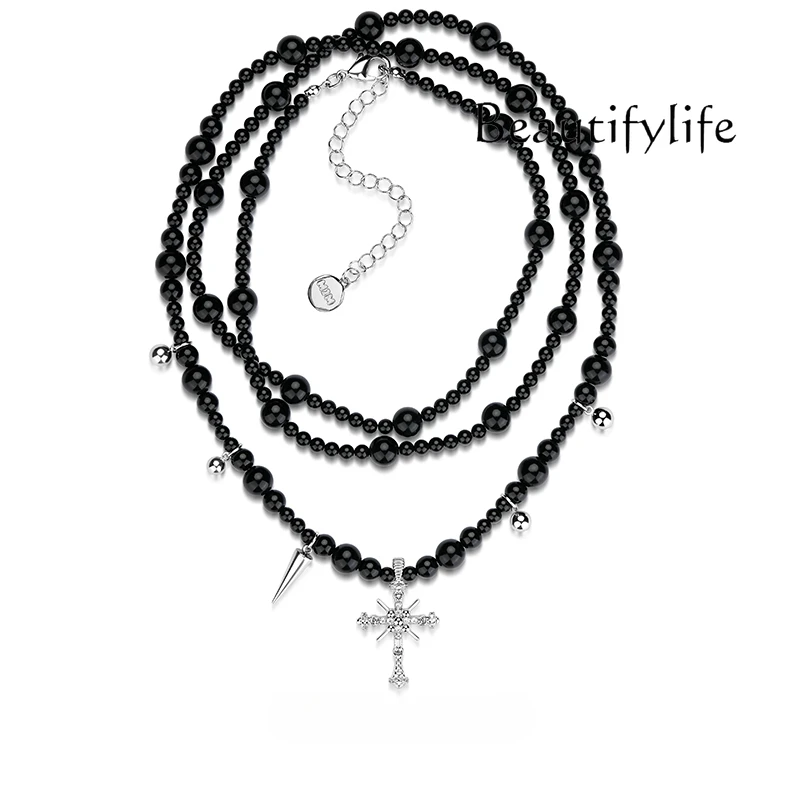 Simple designer black agate pearl necklace multi-layer stacked bone chain cross sweater chain