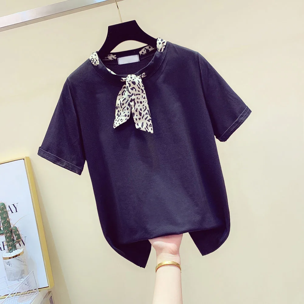 

Leopard print Ribbon Cotton White T Shirt Women Korean Fashion Tee Shirt Femme Camisetas De Mujer Black O-Neck Summer Tops 2022