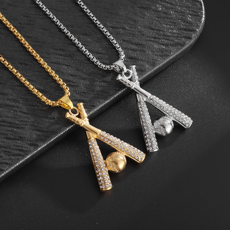 Men's and Women's Fashionable Hip-Hop Personality Creative Cubic Zirconia Baseball Bat Pendant Necklace Sports and Leisure