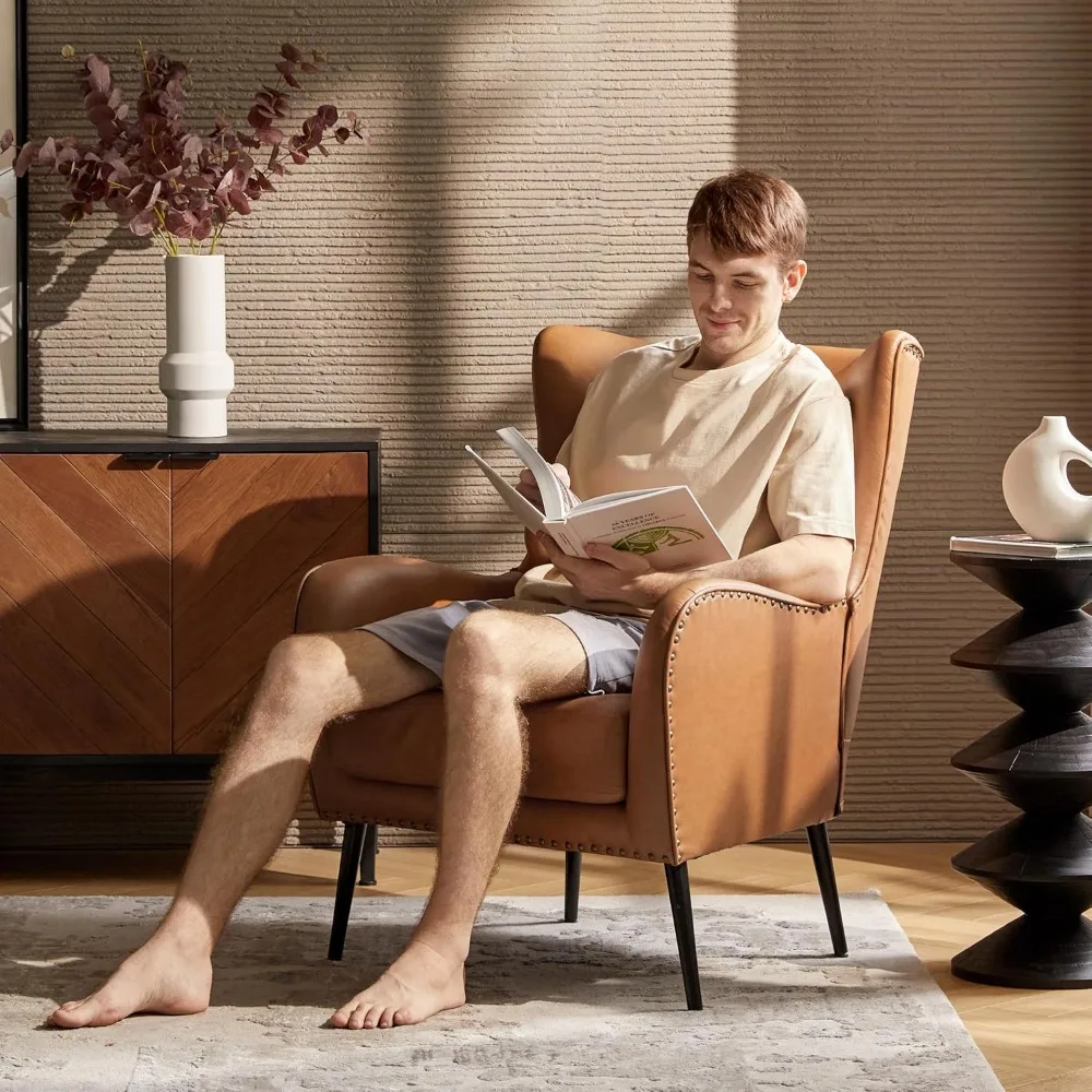 كرسي HULALA Home من الجلد الصناعي مع وسادة قابلة للإزالة، كرسي منجد مريح يتميز بأرجل معدنية سوداء ونا #4