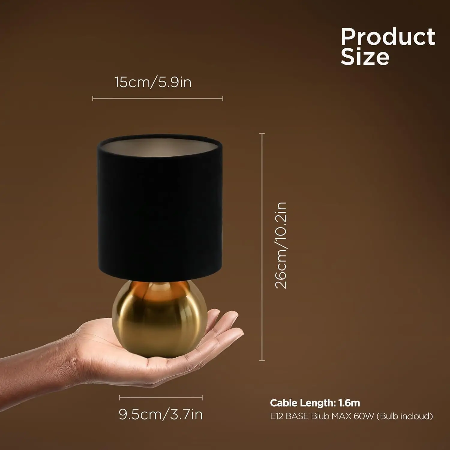 Mid Century Bedside Lamp with Brass Base, Black Fabric Shade for Bedroom, Living Room, Modern Table Lamp