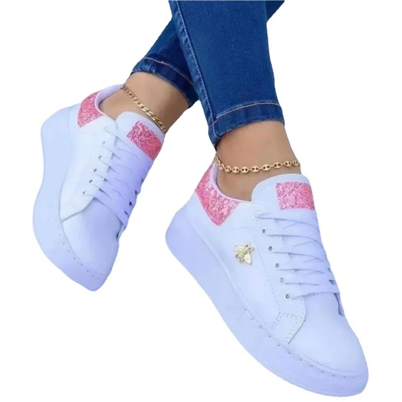 Women Casual Shoes Fashion Butterfly Decor Round Head Sneakers Leather Lace-Up Platform Ladies Vulcanized Shoes Female Footwear