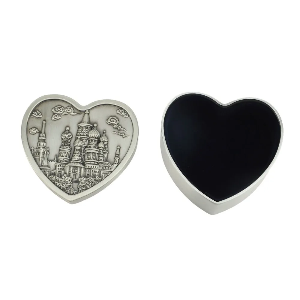 2pcs Velvet Interior Heart Shaped Jewelry Box Emboss Alloy Metal Treasure Chest Small Antique Keepsake Jewelry Case Wedding