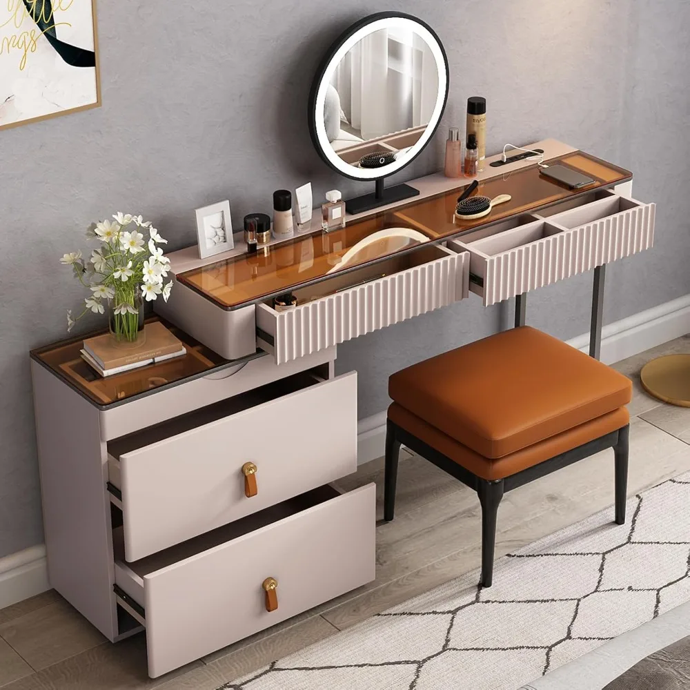 Vanity, retractable dresser set, super storage, LED ash illuminated vanity mirror All solid wood upholstered vanity stool