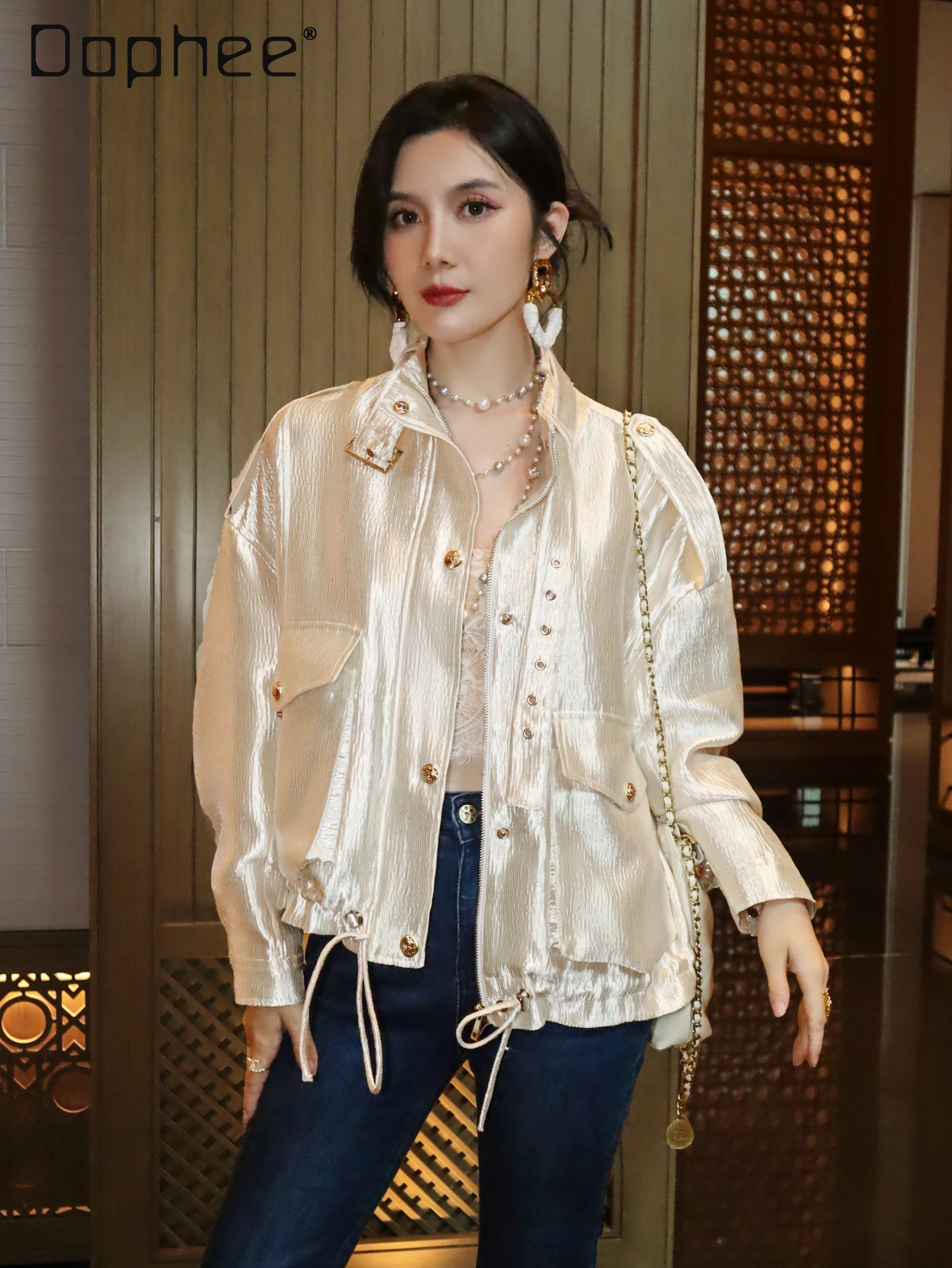 French Fashion Elegant High-end White Coat Luxury Socialite Stand Collar Single-breasted Drawstring Slim Short Jacket for Women