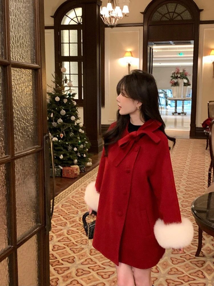 جديد خريف وشتاء 2025 ملابس علوية بفيونكة من فرو الثعلب الحقيقي سترة من الصوف المزج سترة نسائية عصرية دافئة من صوف الكشمير الصلب معطف نسائي