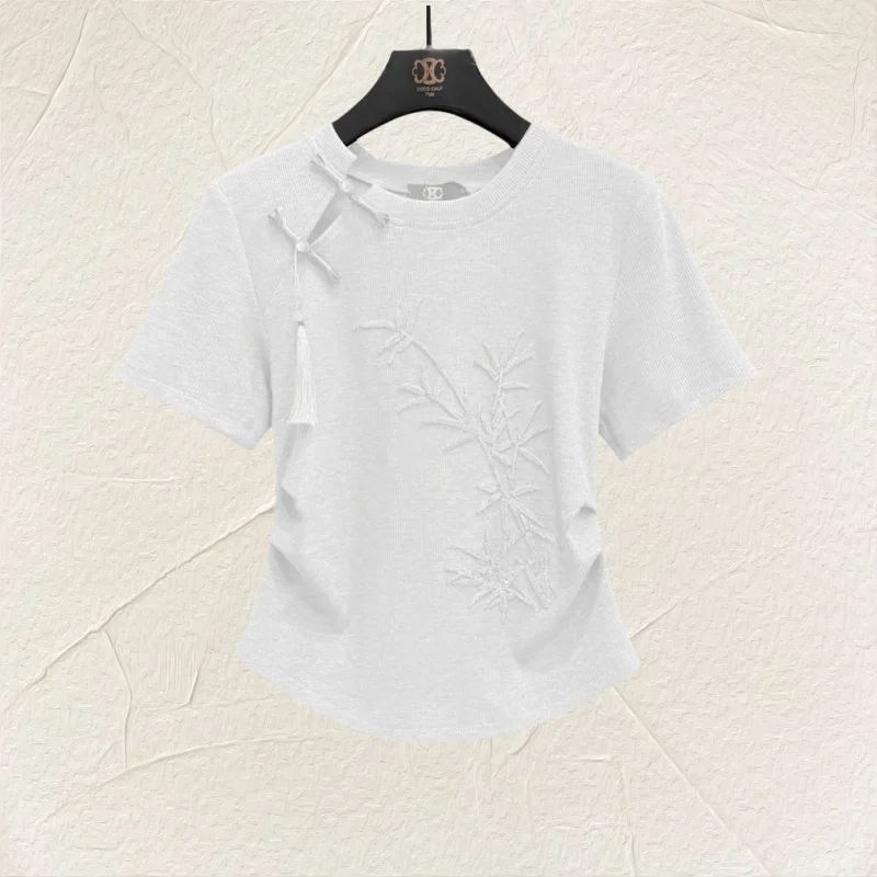 تي شيرت شيونغسام بياقة دائرية مطرز على الطراز الصيني الجديد لعام 2025 بأكمام قصيرة تي شيرت نسائي صيفي من القطن الخالص تشيباو للتخسيس #4