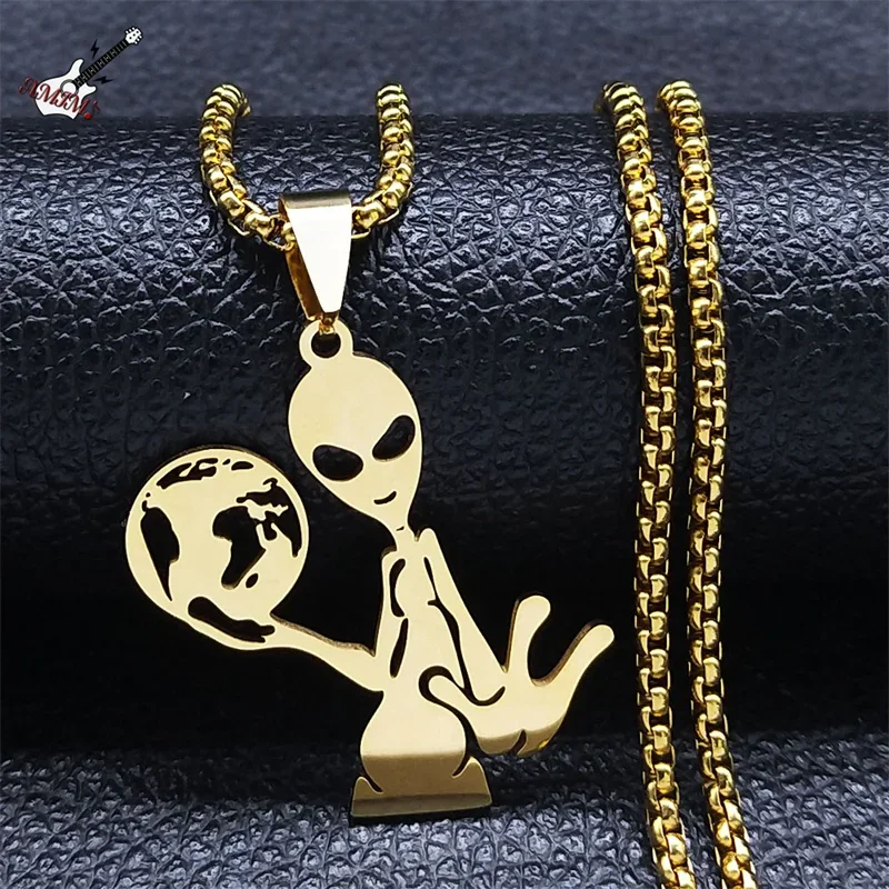 

Y2K Alien Earth Pendant Necklace for Women/Men Stainless Steel Humanoid Chain Necklaces Fashion Jewelry collares para mujer