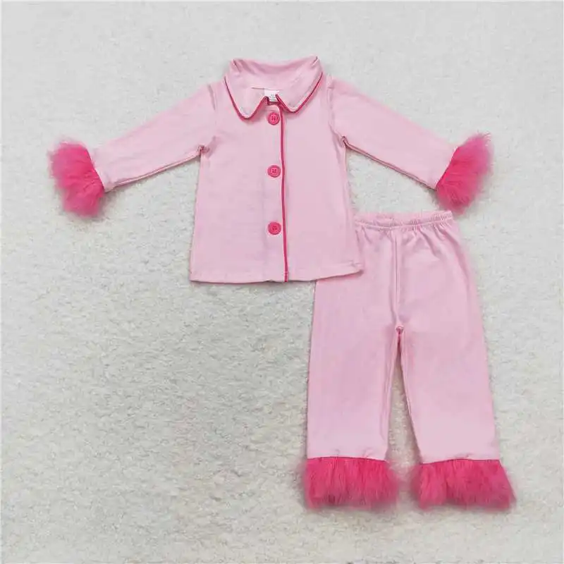 Winter Fashion Baby Girls Santa Claus Snowflake Pink Plush Edge Long Sleeve Long Pajama Set Wholesale Boutique Children RTS