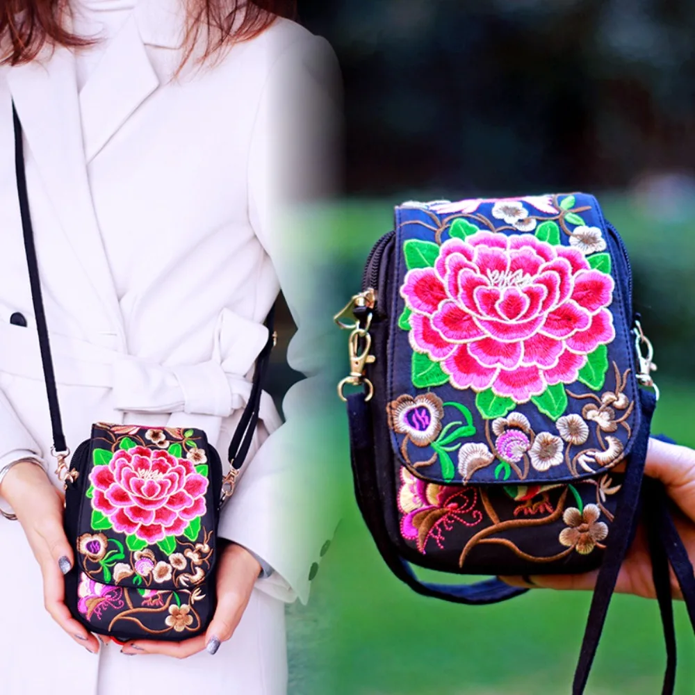 Women Shoulder Bag Travel Pouch Vintage Floral Embroidered Crossbody Zip Bag Embroidered Mobile Phone Bag