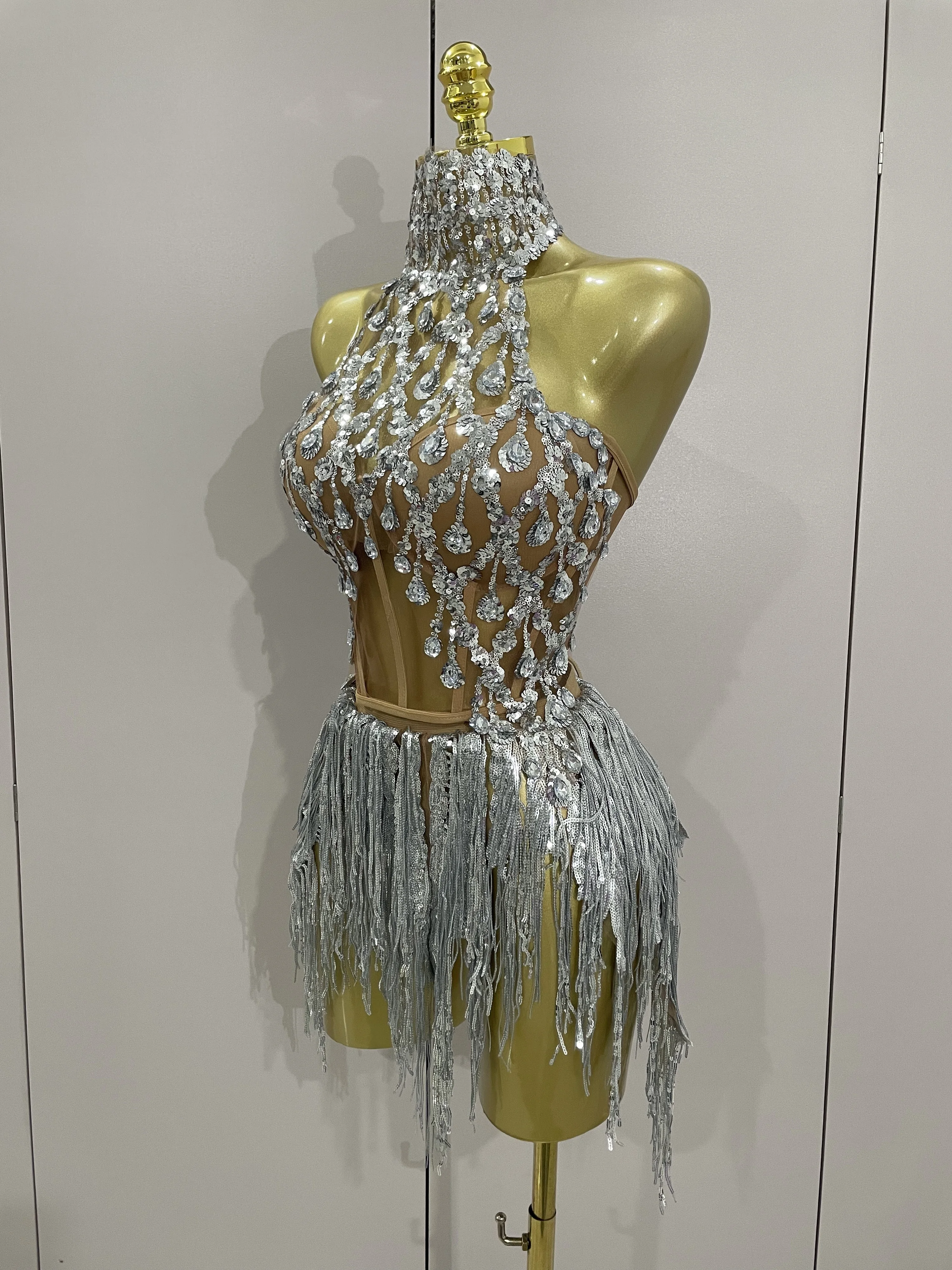 2025 Sexy Shining diamond Sequins Tassels 2 Pieces Set Mini Dress Women Evening Birthday Party Dress Nightclub DJ Stage Costume