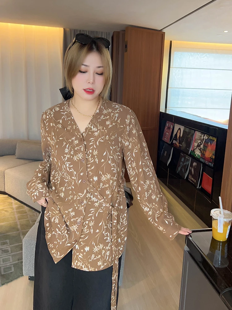 

Vogana Original Large Size Ele V-Ne Top with Waist Tie Loose Slimming Chiffon irt Korean Sle Commute Knot