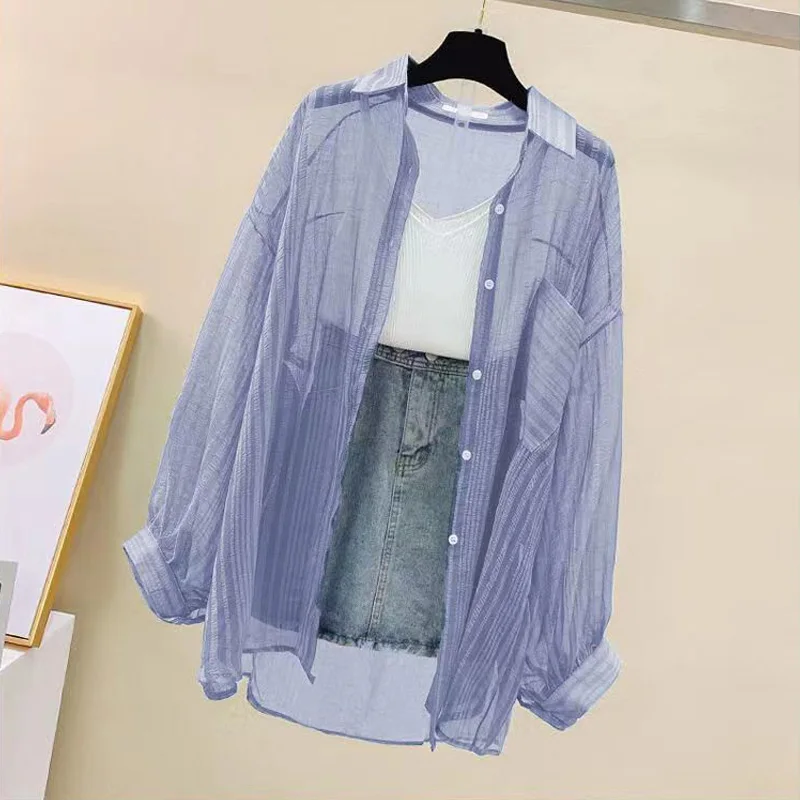 

Summer Sunscreen Shirt Elegant Perspective Thin Chiffon Blouse Korean Harajuku See Through Loose Top Casual Women's Cardigan