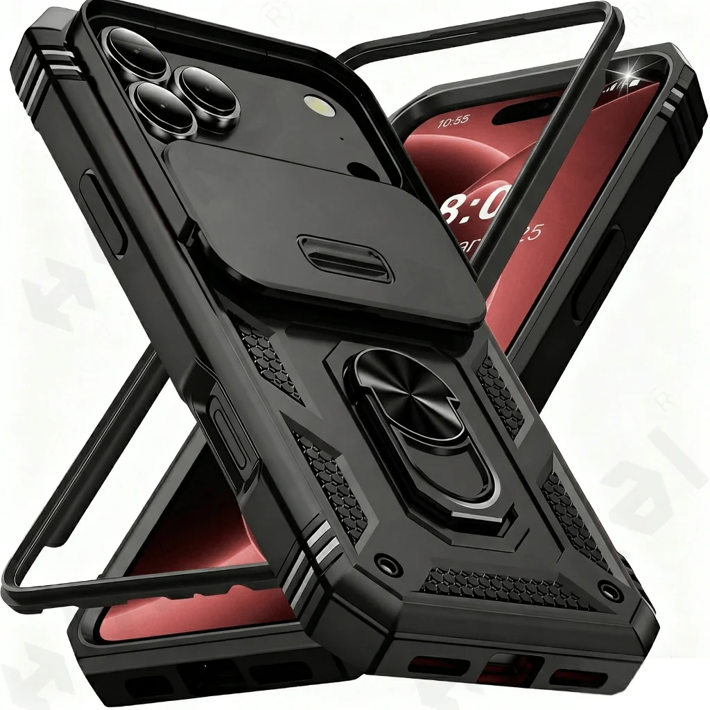 Case For iPhone 18 17 16 15 14 13 Pro Max Plus 2026 Full Slide Camera Stand Protection Ring Stand Lens Protection Funda Shell