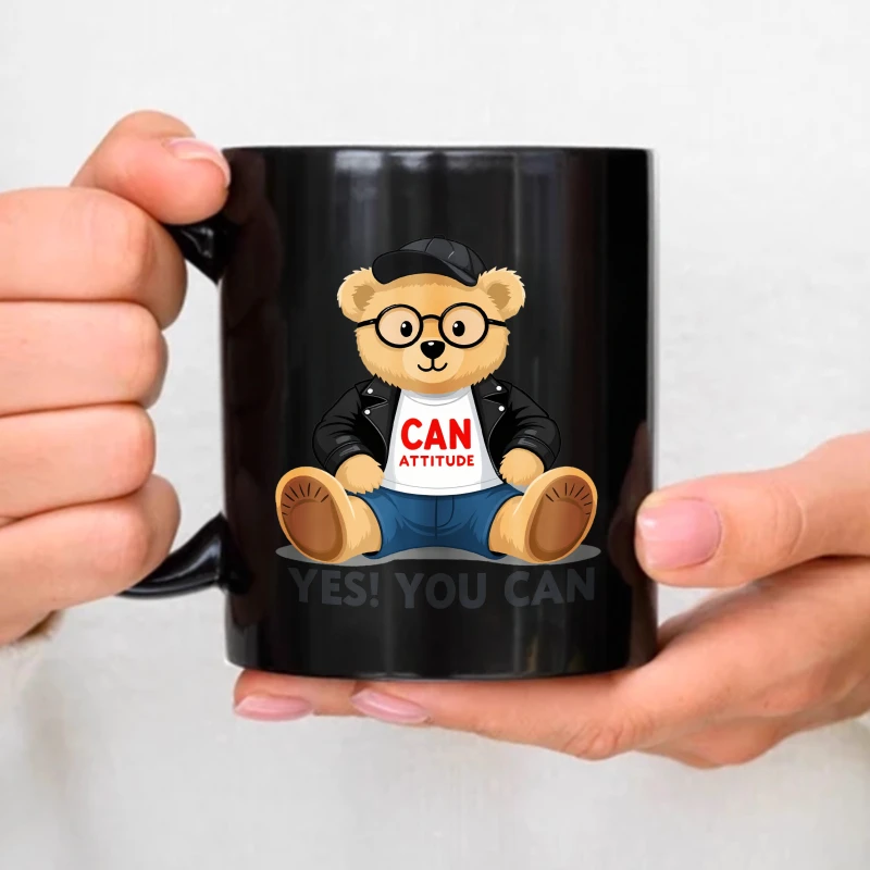 Ceramic mug, black, cute bear with glasses and jacket, with attitude text 