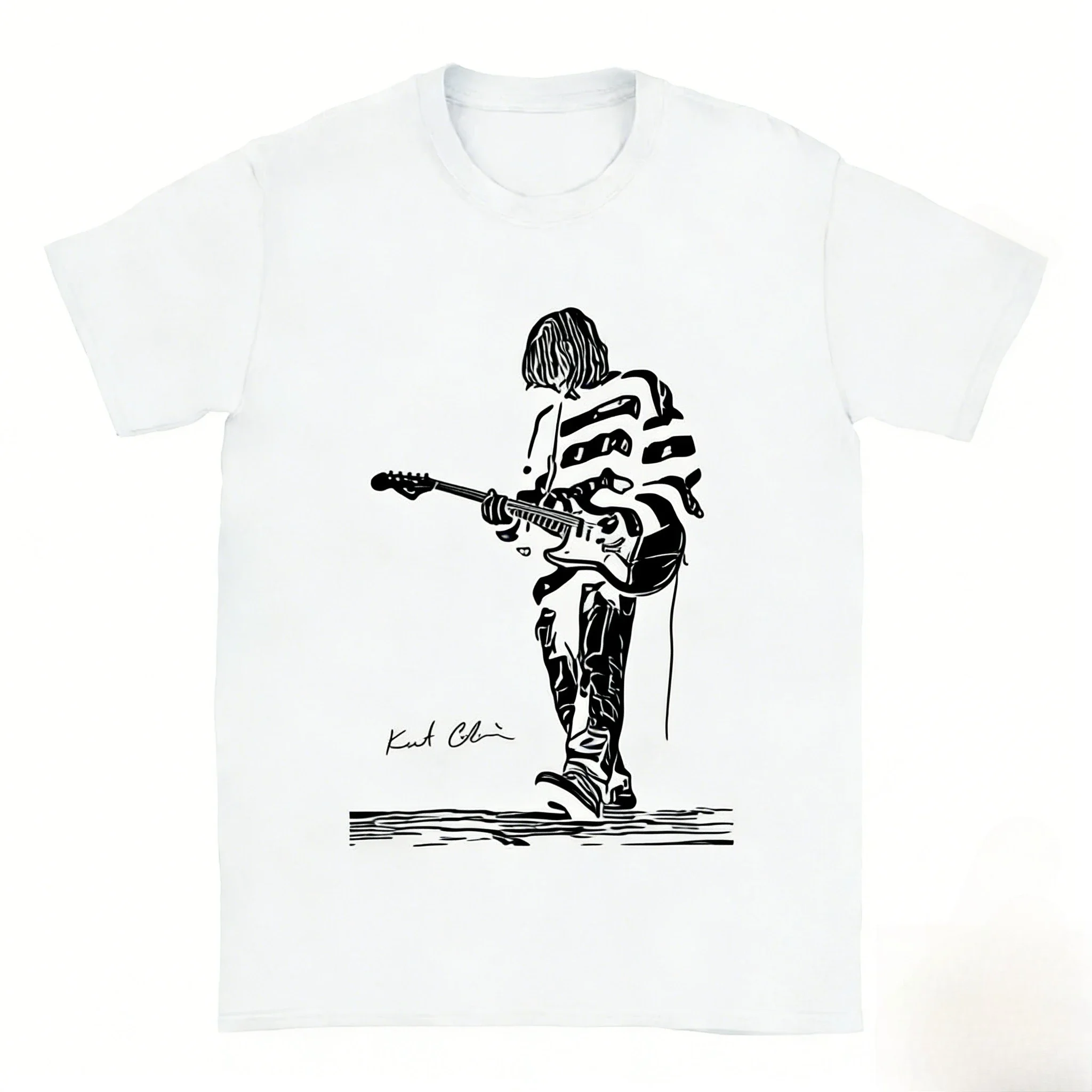 2026 Vintage Rock Music Print Men Women T‑Shirt Black Tee Line Drawing Guitar Figure With Hand Signature Soft Cotton Short