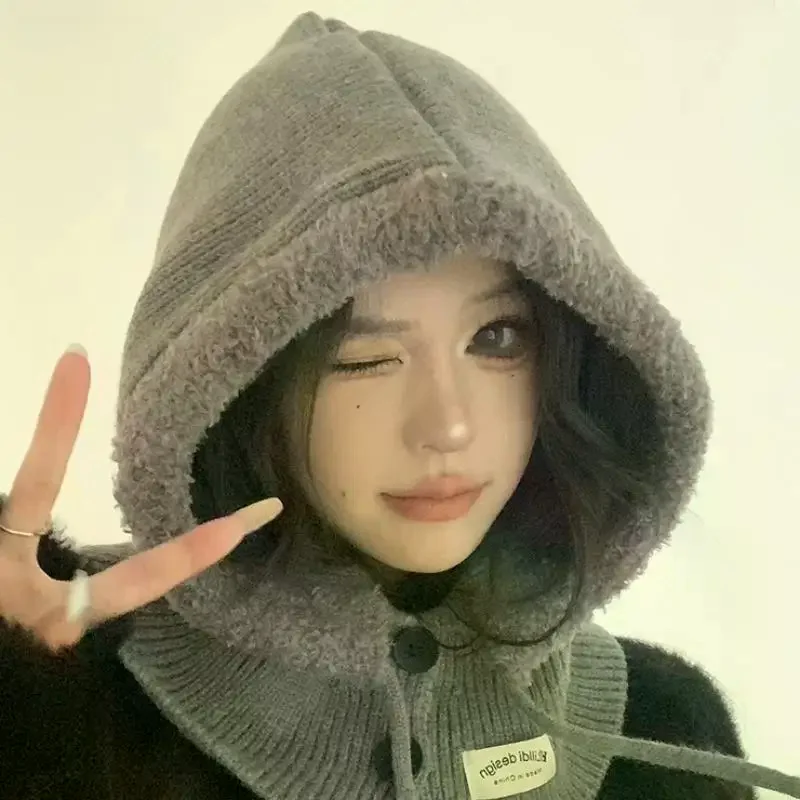 Women's Drawstring Faux Collar Balaclava Hat,Outdoor Warm Knitted Face Neck Protective Hood Cape,for Winter Cold Protection