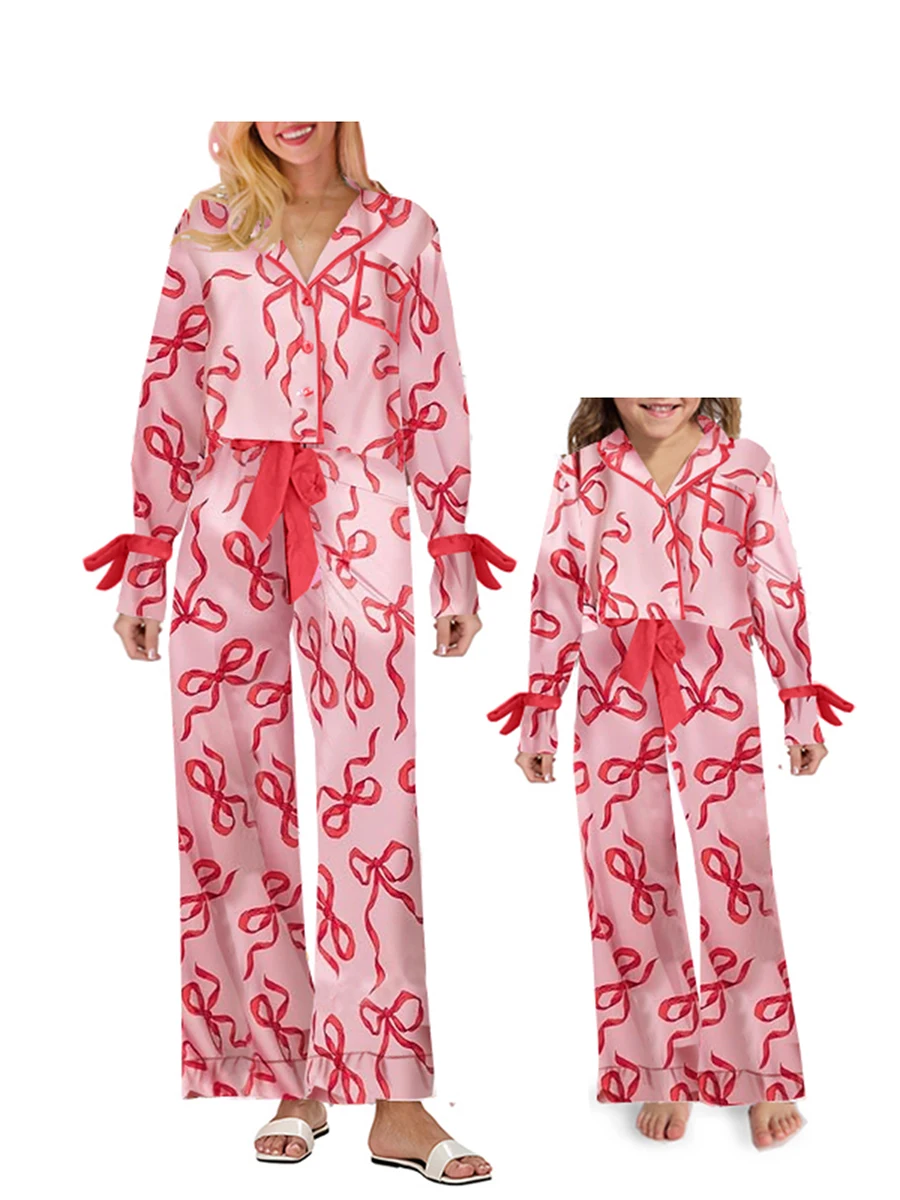 Mommy and Me Matching Valentine's Day Outfits Silk Satin Set Bow Tie Long Sleeve Shirt Tops and Pant Women 2PC Sets