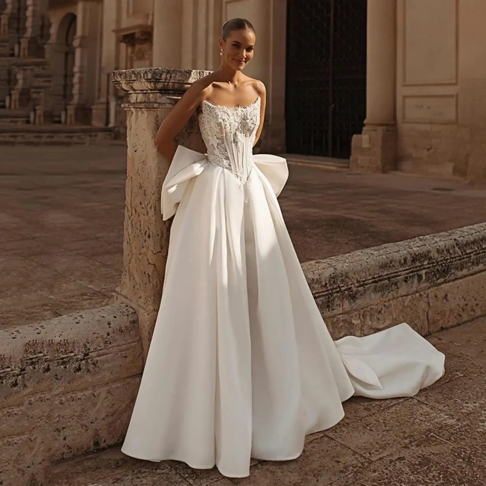 

Women's Strapless Wedding Dresses for Women A Line Bridal Grown Dress with Bow