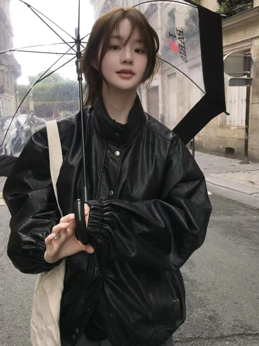 

Sli Loose Street Sle PU Leather Jaet Women's Retro Design Sense Outerwear Trendy Motorcycle Clothes Chic Coat