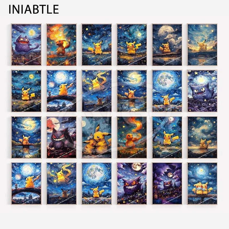 New Van Gogh Museum Pokemon Anime Figures Pikachu Watercolor Painting Canvas Posters and Prints Wall Art Picture for Living Room