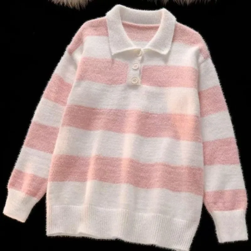 

Розовый полосатый воротник-поло, осень-зима, свободный вязаный свитер, женский свитер с длинным рукавом в консервативном стиле, корейская модная верхняя одежда, джемперы, новинка