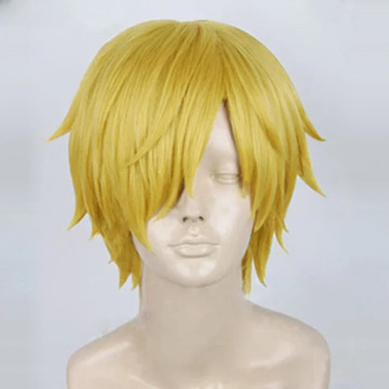 High Quality Anime One Piece Cosplay Wig Sanji Wig Short Straight Golden Yellow Heat Resistant Synthetic Hair Wigs