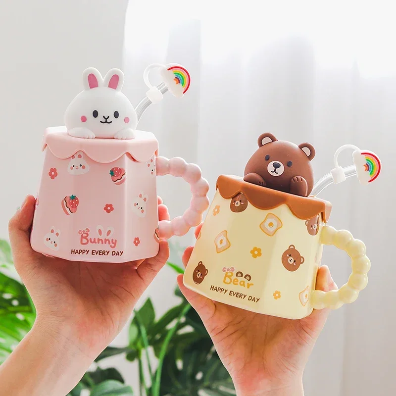 400ml Cartoon Ceramic Mug with Lid and Spoon Creative Cute Coffee Milk Tea Breakfast Cup Drinkware Novelty Gifts
