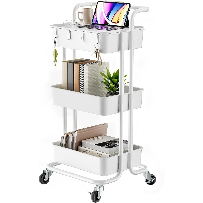 3 Tier Rolling Cart with Table Top, Utility Cart with Wheels & 4 Hooks, Rolling Storage Cart for Home Storage and Organization