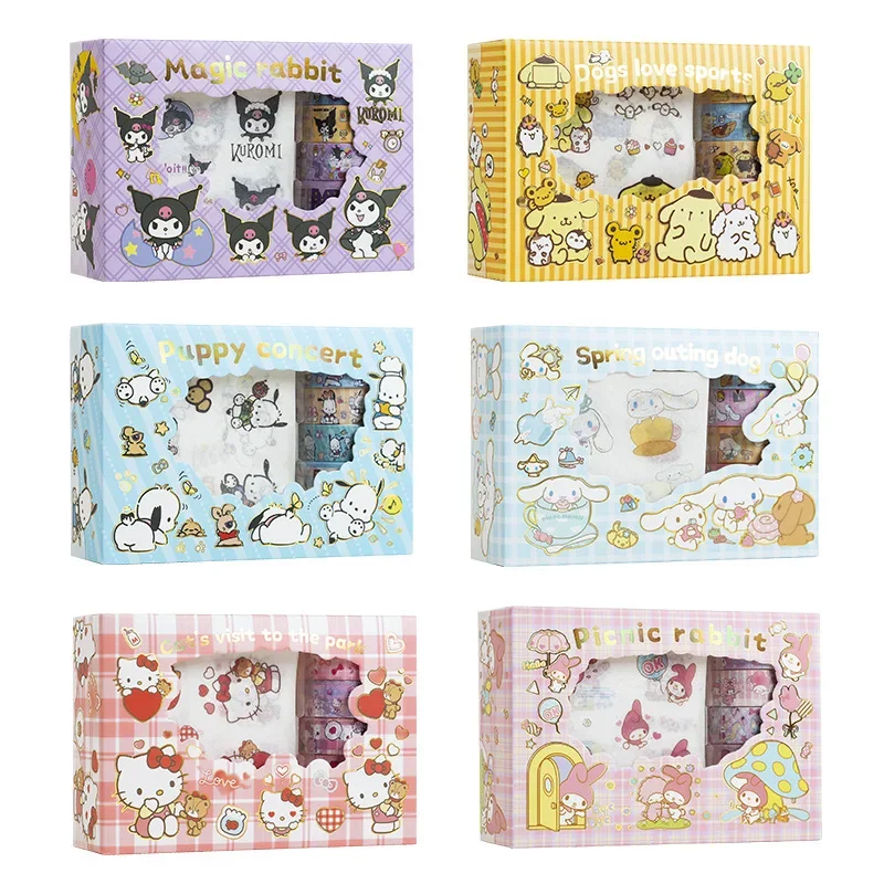 Hello Kitty Cinnamoroll Kuromi Melody Pompompurin Sanrio Sticker Roll Gift Box Cute Hand account Tape Stickers Decal Kids Toys