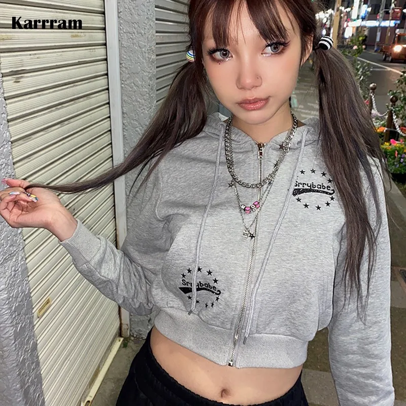 Karrram 2000s estetica ritagliata con cappuccio Harajuku Grunge Y2k felpa E-girl giapponese Kawaii cappotto corto Fairycore Streetwear