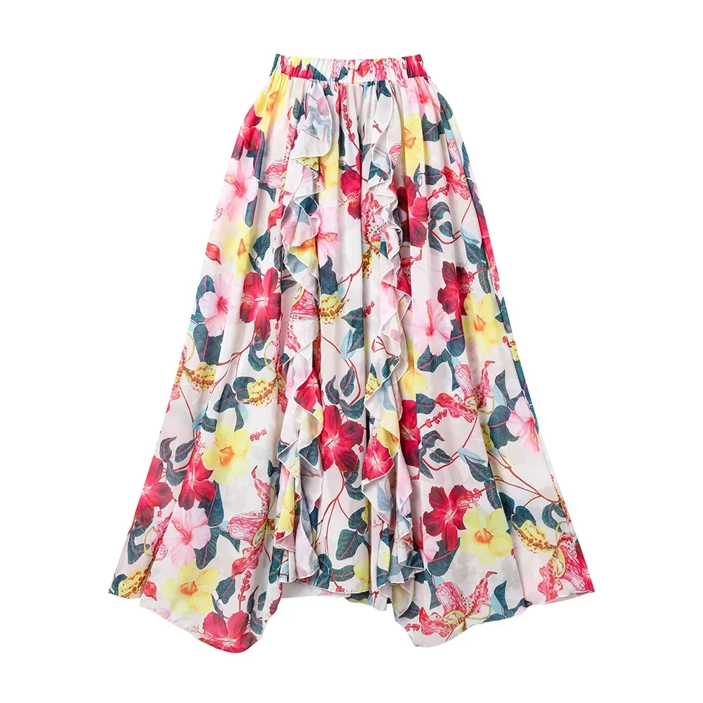 Women's Ruffled Floral Print Swimsuit, One-Piece Swimwear, Waistbelt, Cover-up, Beach Vacation, Long-sleeved Bikini