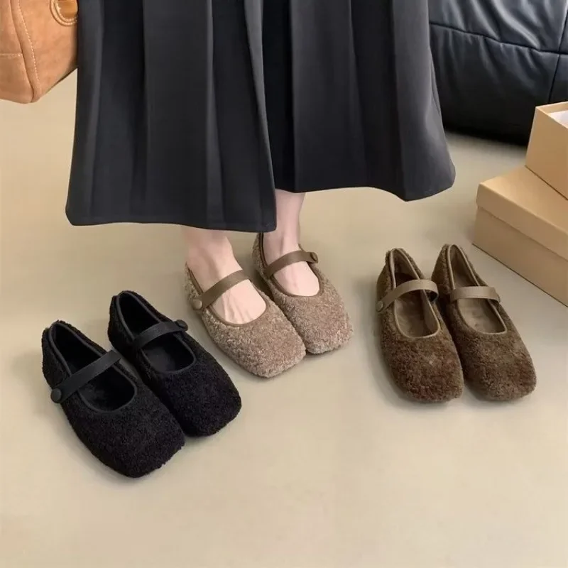 Square Toe Cosy Lambswool Ballet Flats Woman Warm Teddy Fur Mary Jane Shoes Ladies Brand Design Elegant Fluffy Plush Loafers