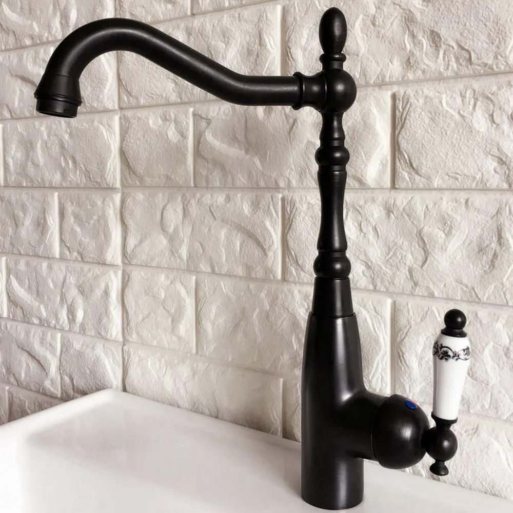 

Kitchen Sink Faucet Black Oil Rubbed Bronze Single Ceramic Lever Cold & Hot Water Mixer Bathroom Taps Deck Mounted tnf377