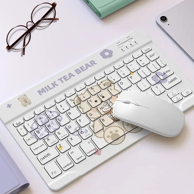 

Милый мультяшный мини-планшет, беспроводная Bluetooth-клавиатура и мышь, портативный комплект, совместимый с различными системами, бесшумная клавиатура