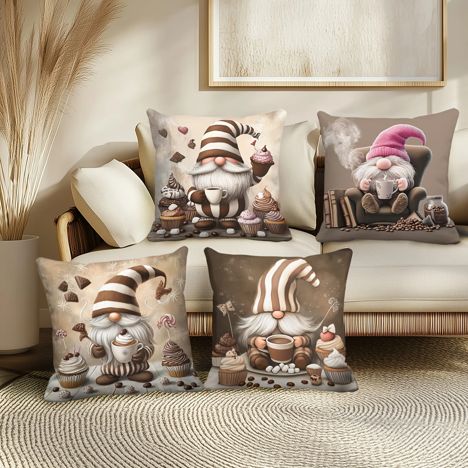4Pcs Coffee Gnome Throw Pillow Covers Retro Brown Dessert Cupcake Sofa Cushion Cases Home Decoration No Pillow Insert