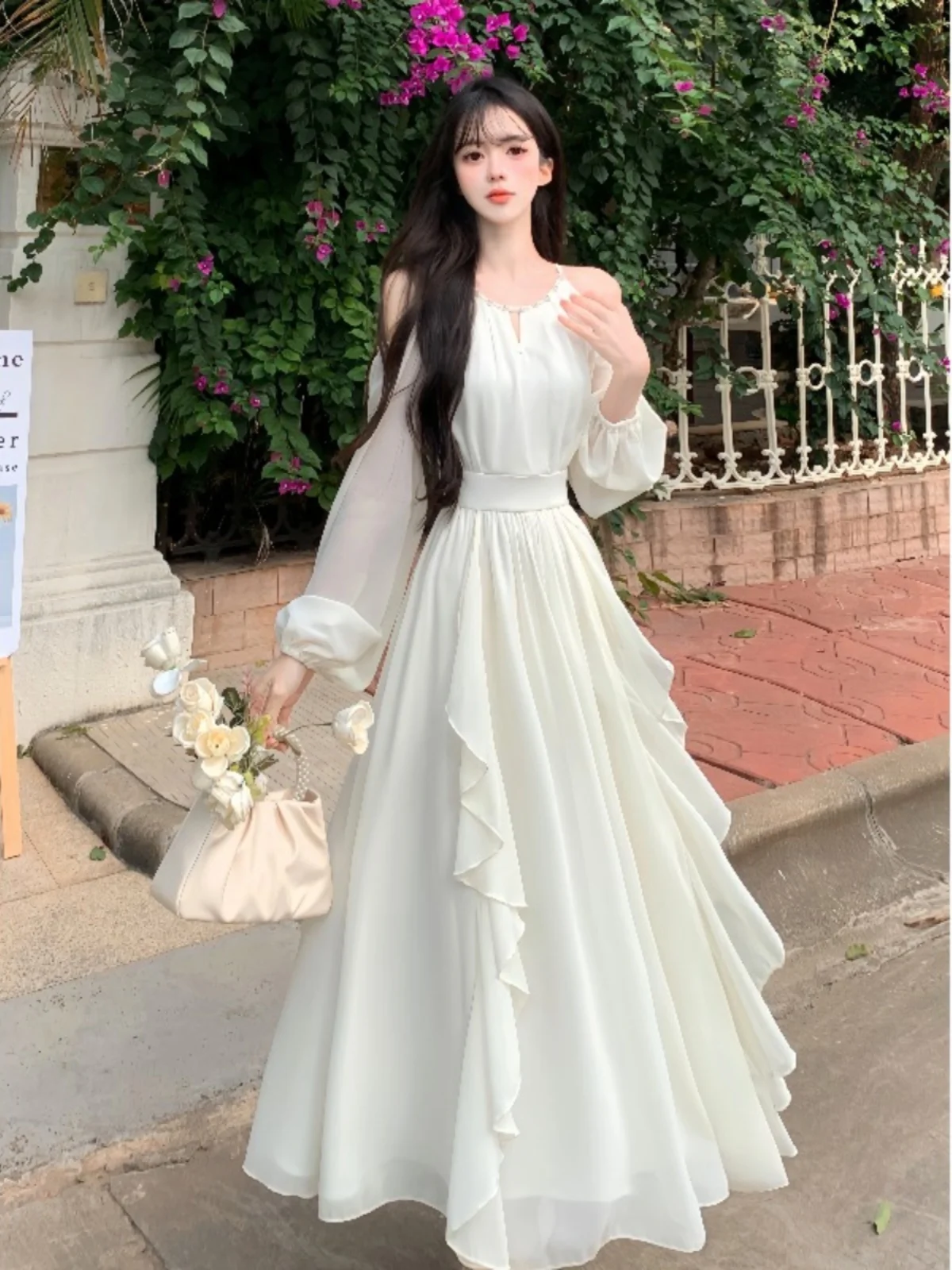 Plus Size Gentle White Temperament Dress Women's Summer Design Chiffon Skirt Plump Girls Cinched Slimming Long