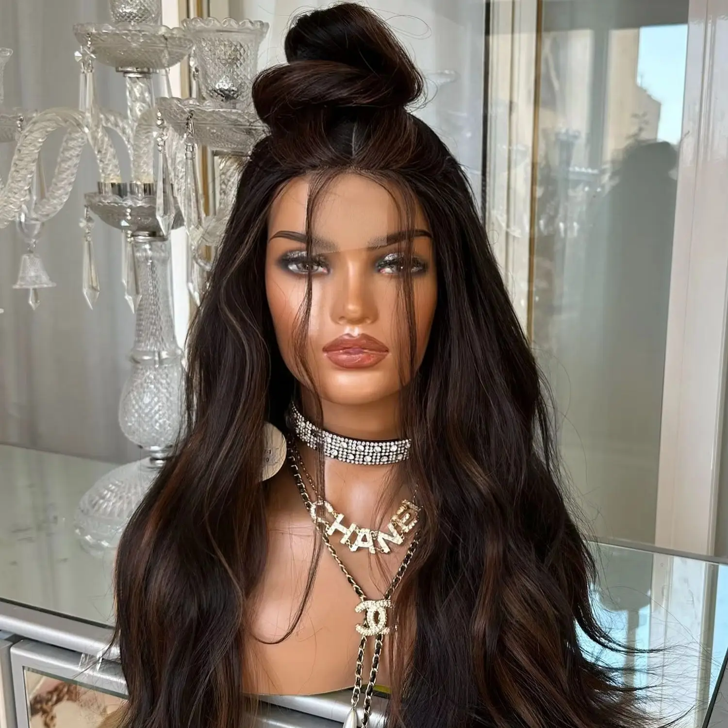 Chocolate Brown Glueless Wigs With Dark Roots Heat Resistant Synthetic Lace Front Wig for Women Realistic Look Hairline Hair 24