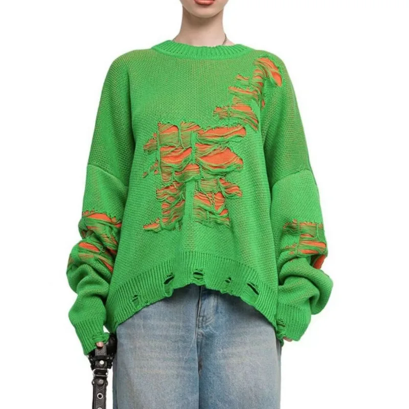 Casual Hollow Out Patchwork Knitted Women's Sweater Oversized O-neck Long Sleeve Basic Jumpers Female 2023 Autumn Streetwear Top