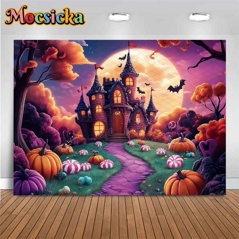Mocsicka Halloween Purple Castle Background Moon Forest Pumpkin Party Banner Chocolate Lollipop Candy Decorations Photo Backdrop