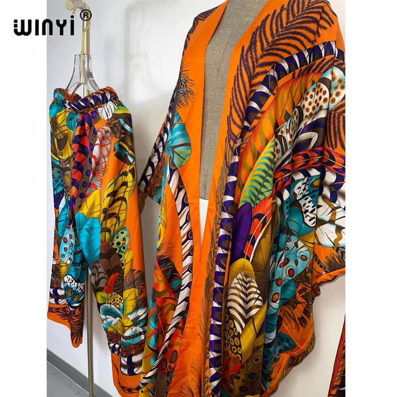 WINYI 2022 two-piece suit with head belt Boho elagant Printed kimonos Batwing Sleeve Women Silk Floor Length New Fashion dress