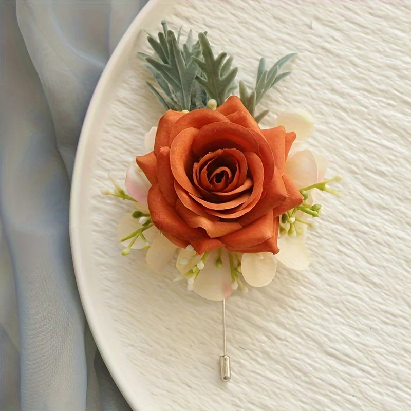 6-teiliges elegantes Boutonniere-Corsagen-Set aus Stoff für Hochzeit, Verlobung, künstliche orangefarbene Rosen, Blumen-Accessoires für Bräute und Bräutigam