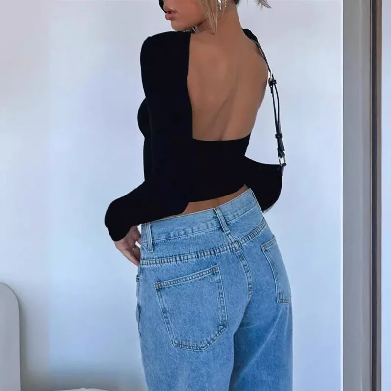 

Новая укороченная футболка с открытой пряной спиной в Европе и Америке 2025 года, облегающая и утягивающая футболка с длинными рукавами для девочек, верхняя женская одежда